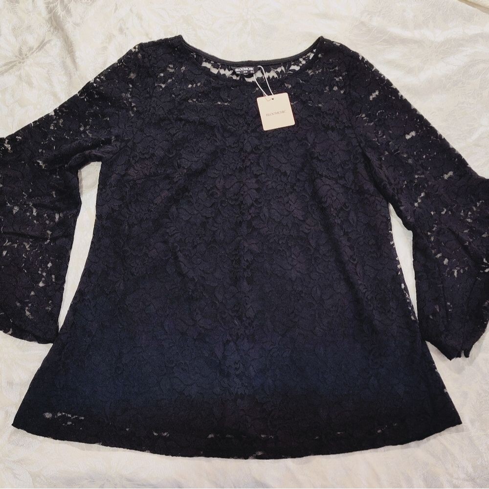 Bloomchic Black Plain Contrast Lace Mesh Gathered Bell Sleeve Blouse Size 12 NWT